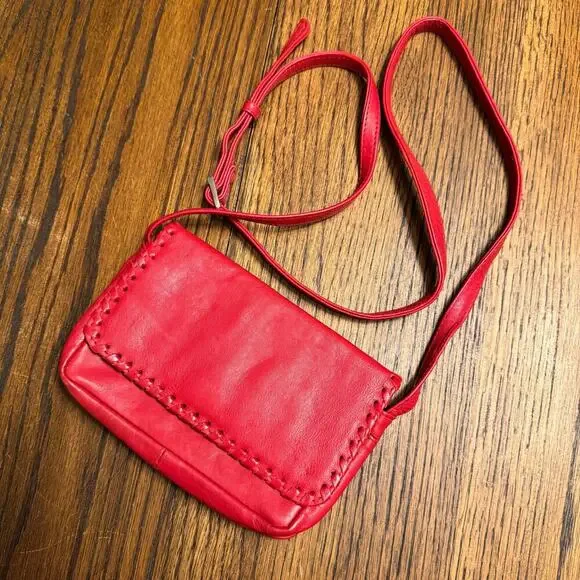 Vintage Inspired Red Leather Crossbody Bag with Hand-Stitched Details Boho - Picture 3 of 11